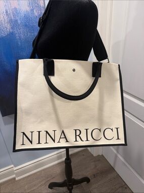 Nina Ricci Cream and Black Logo Canvas Tote